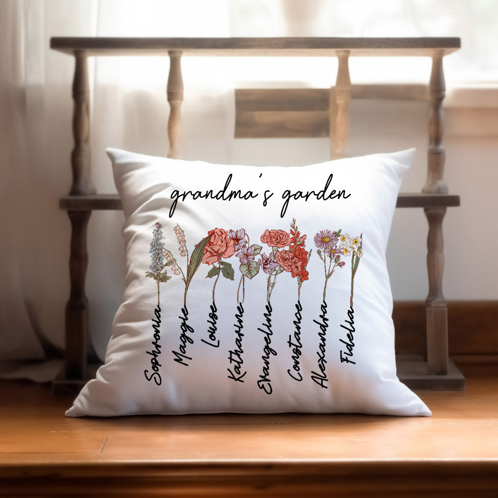 Custom Grandma's Garden Pillow Cover with Grandkids Names, Personalized Birthflower Pillowcase, World's Best Grandma Gifts,  Family Name Pillowcase
