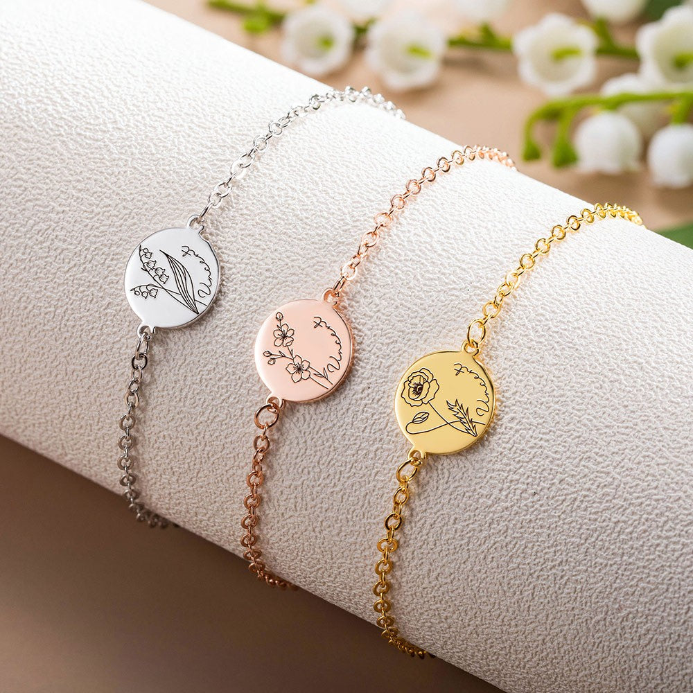 Sterling Silver 925 Bracelet, Custom Name & Birth Flower Bracelet, Women's Jewelry, Mother's Day Gift, Birthday Gift for Her, Bridesmaid Gift