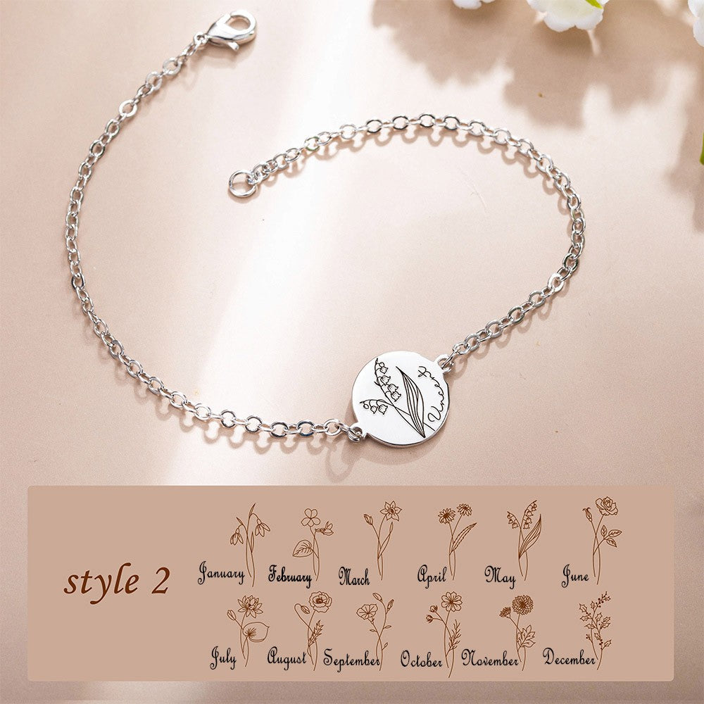 Sterling Silver 925 Bracelet, Custom Name & Birth Flower Bracelet, Women's Jewelry, Mother's Day Gift, Birthday Gift for Her, Bridesmaid Gift