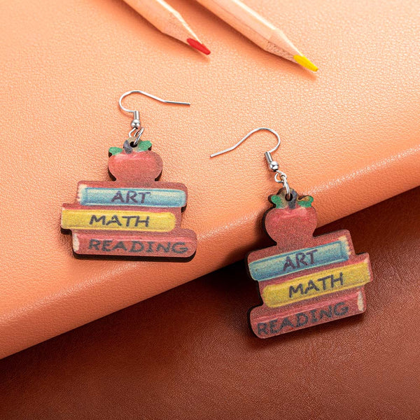 3D Book & Apple Earrings, Wooden Dangle Earrings, Subject Teacher Earrings, Back to School Gift, Appreciation Teacher Gift, Gift for Teacher/Student
