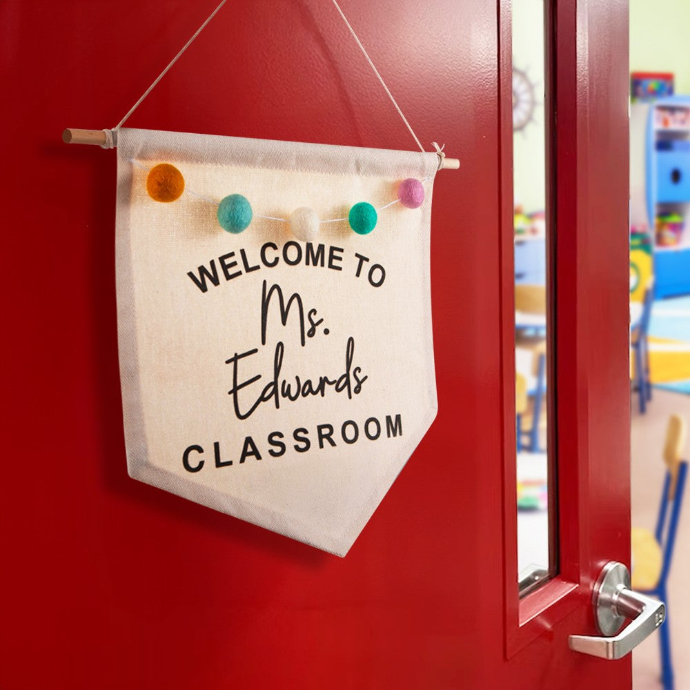 Personalized Boho Teacher Door Hanger, Custom Classroom Welcome Sign, Wall Hanger with Felt Balls, Classroom Decor, Back to School Gift for Teacher
