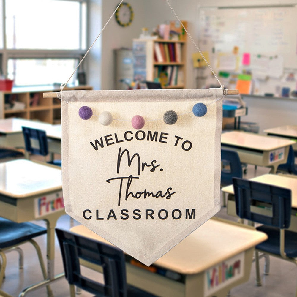 Personalized Boho Teacher Door Hanger, Custom Classroom Welcome Sign, Wall Hanger with Felt Balls, Classroom Decor, Back to School Gift for Teacher