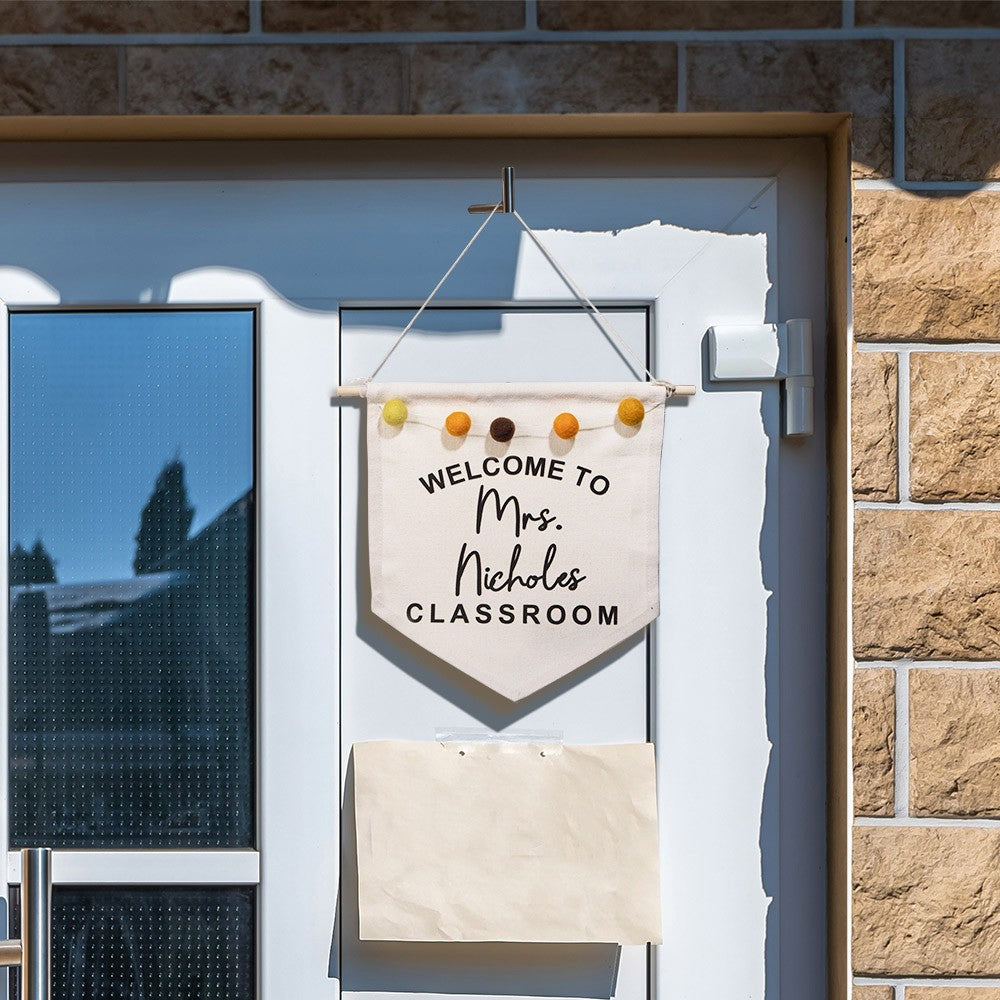 Personalized Boho Teacher Door Hanger, Custom Classroom Welcome Sign, Wall Hanger with Felt Balls, Classroom Decor, Back to School Gift for Teacher