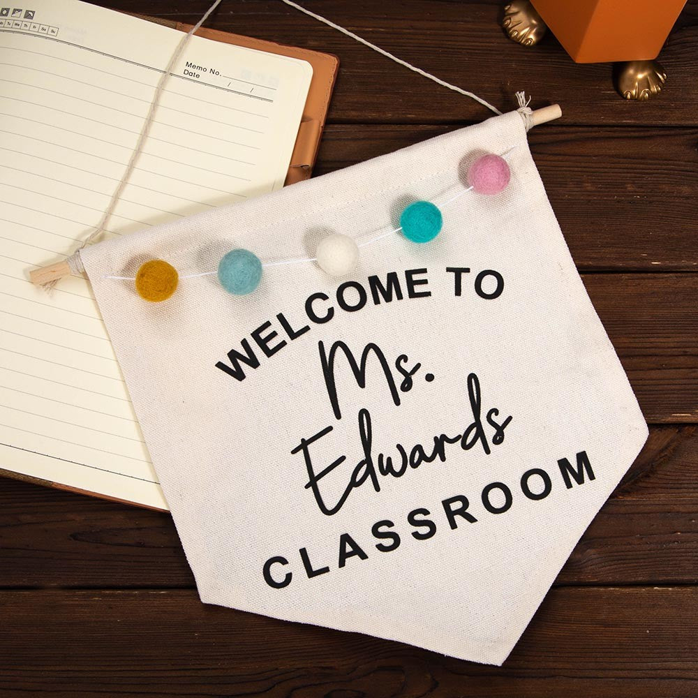 Personalized Boho Teacher Door Hanger, Custom Classroom Welcome Sign, Wall Hanger with Felt Balls, Classroom Decor, Back to School Gift for Teacher
