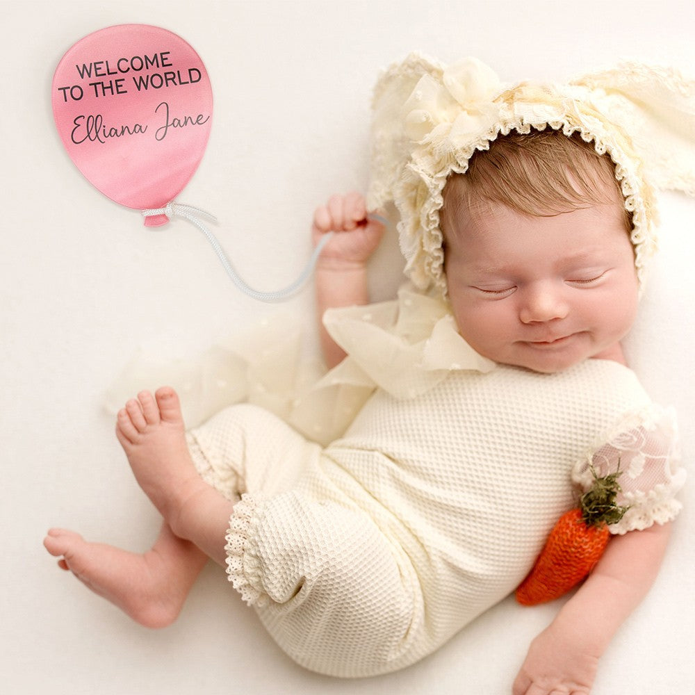 Personalized Balloon Newborn Acrylic Disc Plaque, Custom Name Baby Birth Announcement Sign, Welcome to the World Newborn Photo Prop, Baby Shower Gift