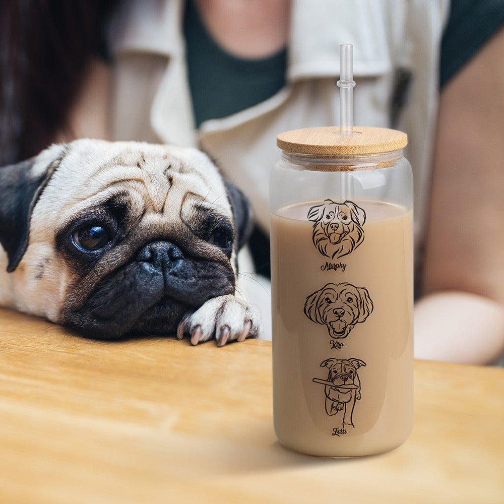 Custom Pet Name & Portrait Coffee Glass, Tumbler with Lid and Straw, Iced Coffee Cup, Beer Can Glass, Coffee Lover Gift, Gift for Pet Lovers/Dog Mom