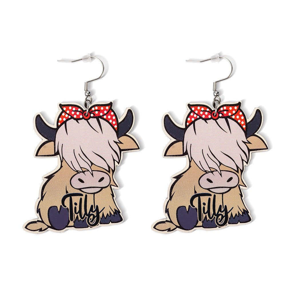 Custom Name Highland Cow Earrings, Highland Cow Drop Earrings, Wooden Earrings, Animal Jewelry, Western-Style Jewelry, Gift for Animal Lovers/Cowgirls