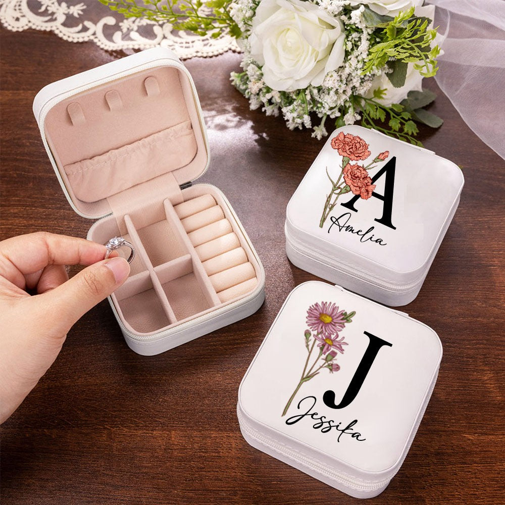 Personalized Birth Flower Jewelry Travel Case, Leather Jewelry Box with Initial & Name, Portable Floral Jewelry Organizer, Birthday Gift, Gifts for Wedding/Bridesmaid/Mom/Women