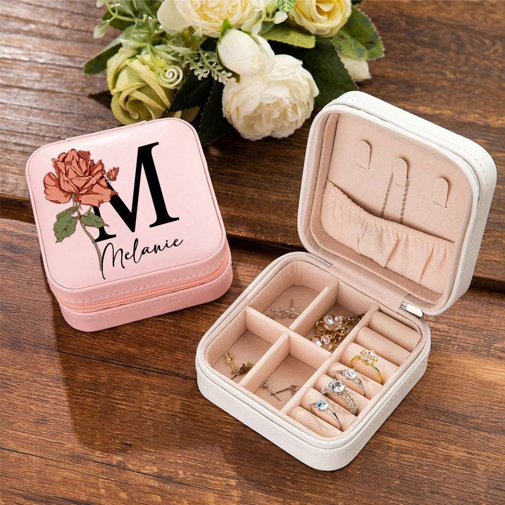 Personalized Birth Flower Jewelry Travel Case, Leather Jewelry Box with Initial & Name, Portable Floral Jewelry Organizer, Birthday Gift, Gifts for Wedding/Bridesmaid/Mom/Women