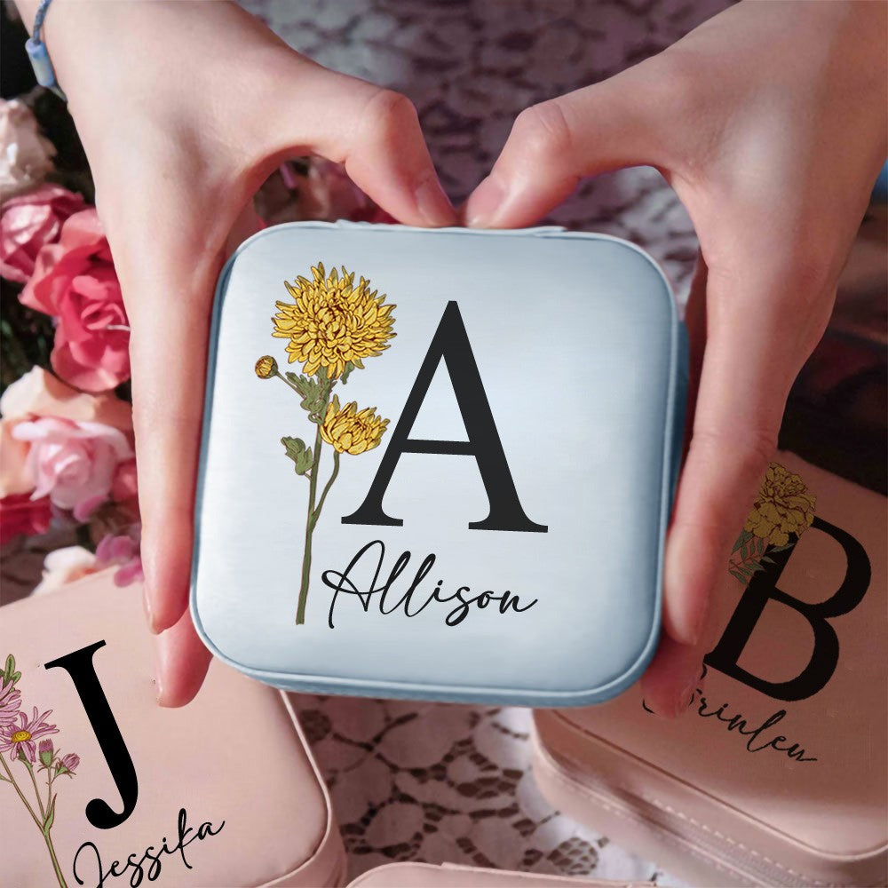 Personalized Birth Flower Jewelry Travel Case, Leather Jewelry Box with Initial & Name, Portable Floral Jewelry Organizer, Birthday Gift, Gifts for Wedding/Bridesmaid/Mom/Women