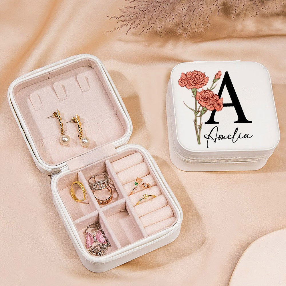 Personalized Birth Flower Jewelry Travel Case, Leather Jewelry Box with Initial & Name, Portable Floral Jewelry Organizer, Birthday Gift, Gifts for Wedding/Bridesmaid/Mom/Women