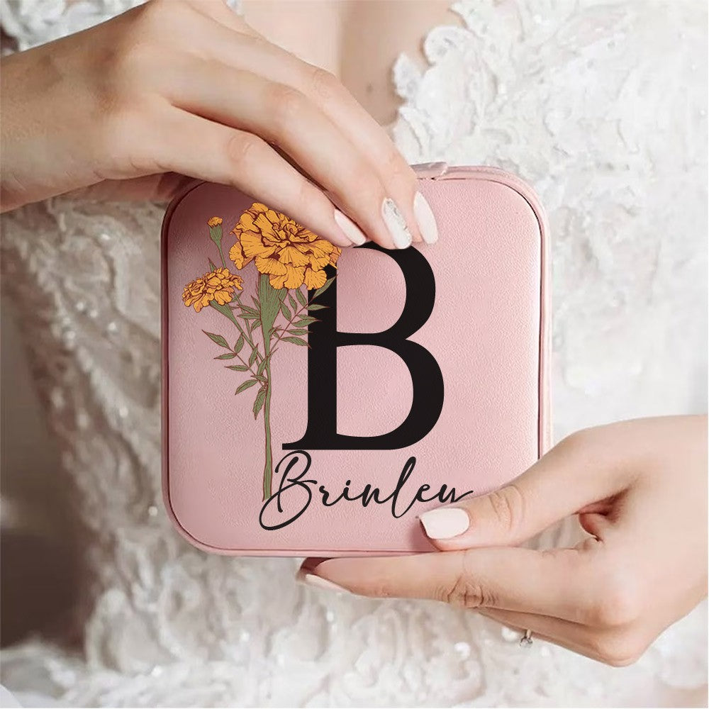 Personalized Birth Flower Jewelry Travel Case, Leather Jewelry Box with Initial & Name, Portable Floral Jewelry Organizer, Birthday Gift, Gifts for Wedding/Bridesmaid/Mom/Women