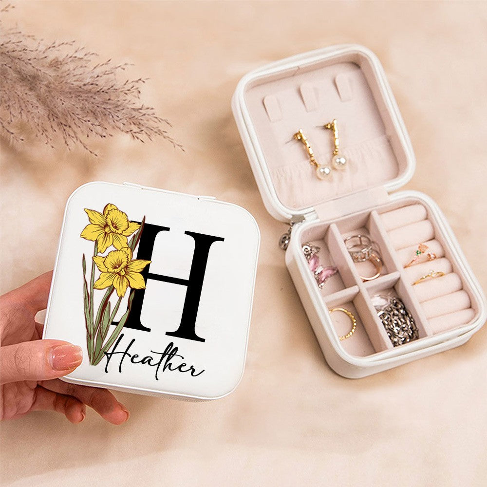 Personalized Birth Flower Jewelry Travel Case, Leather Jewelry Box with Initial & Name, Portable Floral Jewelry Organizer, Birthday Gift, Gifts for Wedding/Bridesmaid/Mom/Women