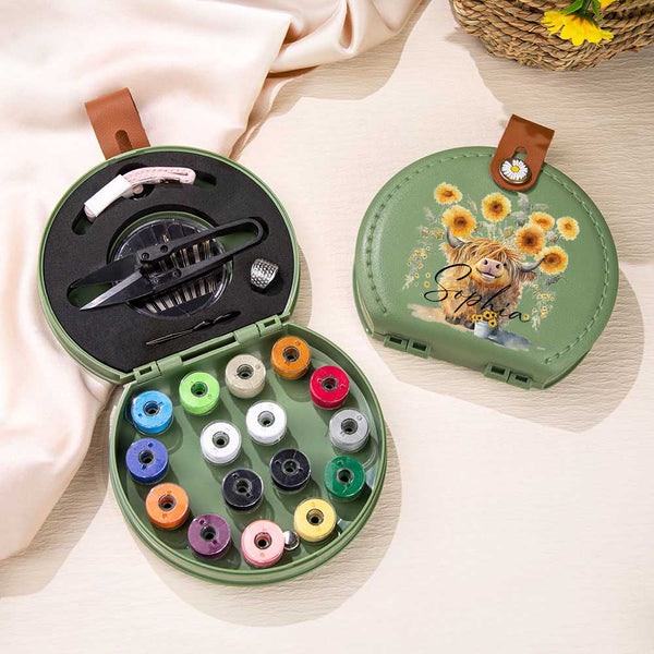 Custom Highland Cow Portable Sewing Kit, Sunflower Highland Cow Handwork Tool, Stitching Partition Storage Box, Home Travel Supplies, Gift for Women
