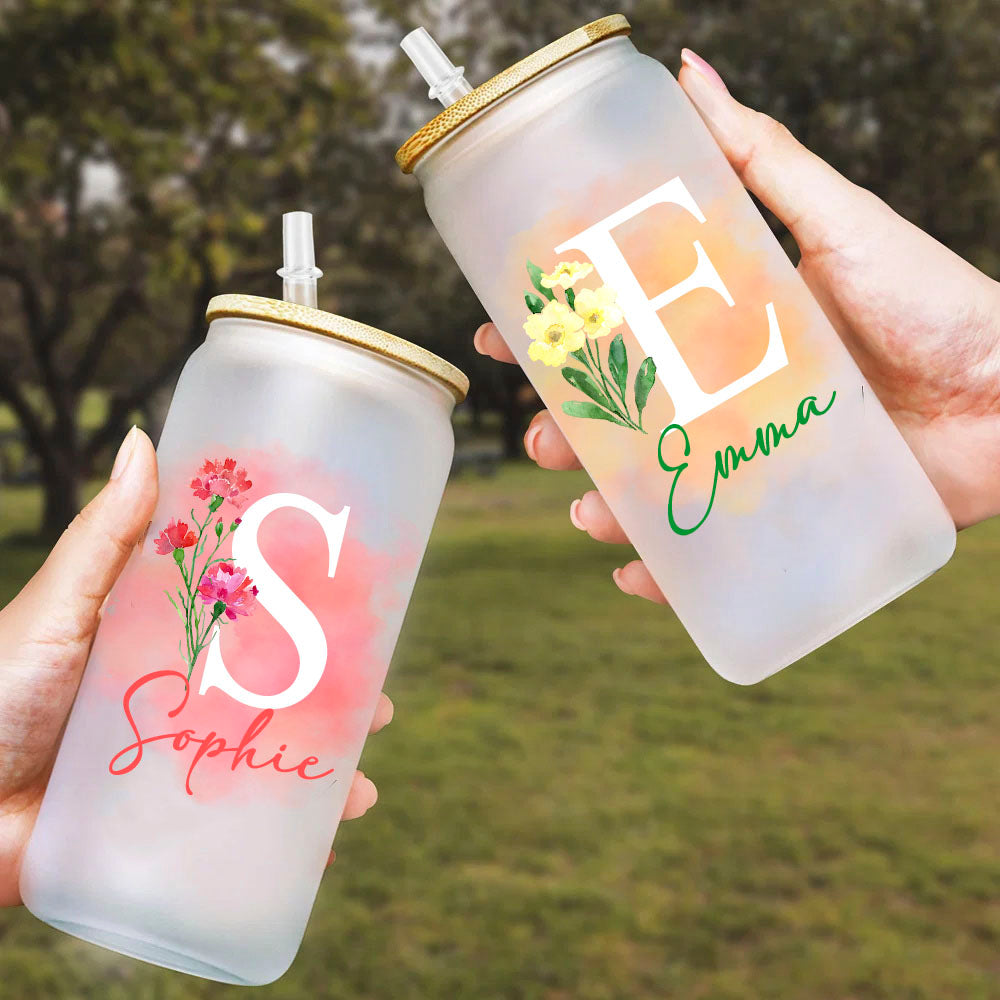 Personalized Name Birth Flower Glass Cup, Floral Iced Coffee Cup, Frosted Glass Tumbler, Bridesmaid Gift, Birthday/Anniversary Gift, Gift for Her/Mom