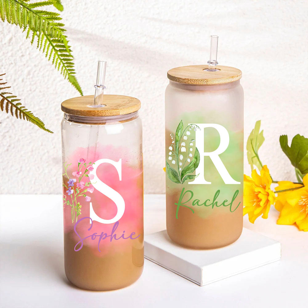 Personalized Name Birth Flower Glass Cup, Floral Iced Coffee Cup, Frosted Glass Tumbler, Bridesmaid Gift, Birthday/Anniversary Gift, Gift for Her/Mom