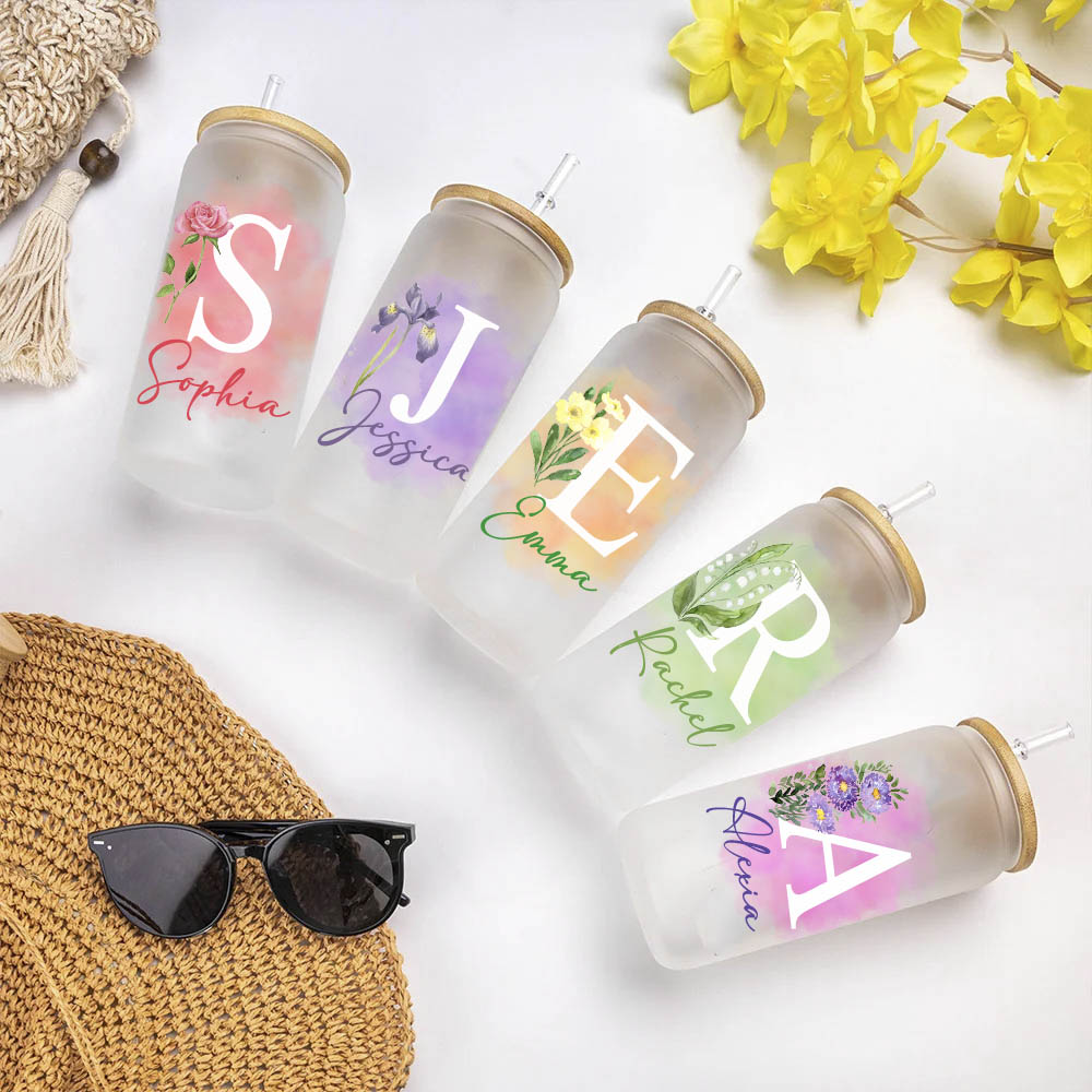 Personalized Name Birth Flower Glass Cup, Floral Iced Coffee Cup, Frosted Glass Tumbler, Bridesmaid Gift, Birthday/Anniversary Gift, Gift for Her/Mom