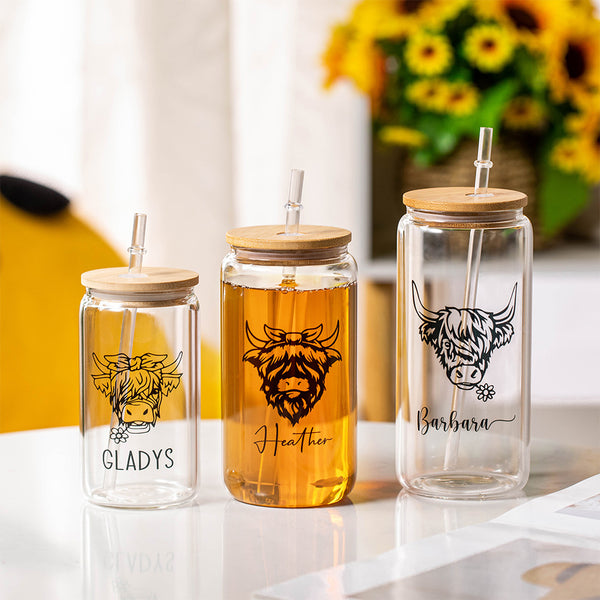 Custom Name Highland Cow Mug, 12/16/20oz Glass Cup Tumbler with Straw & Bamboo Lid, Drink Coffee Mug, Birthday/Christmas Gift for Pet Lover/Owner