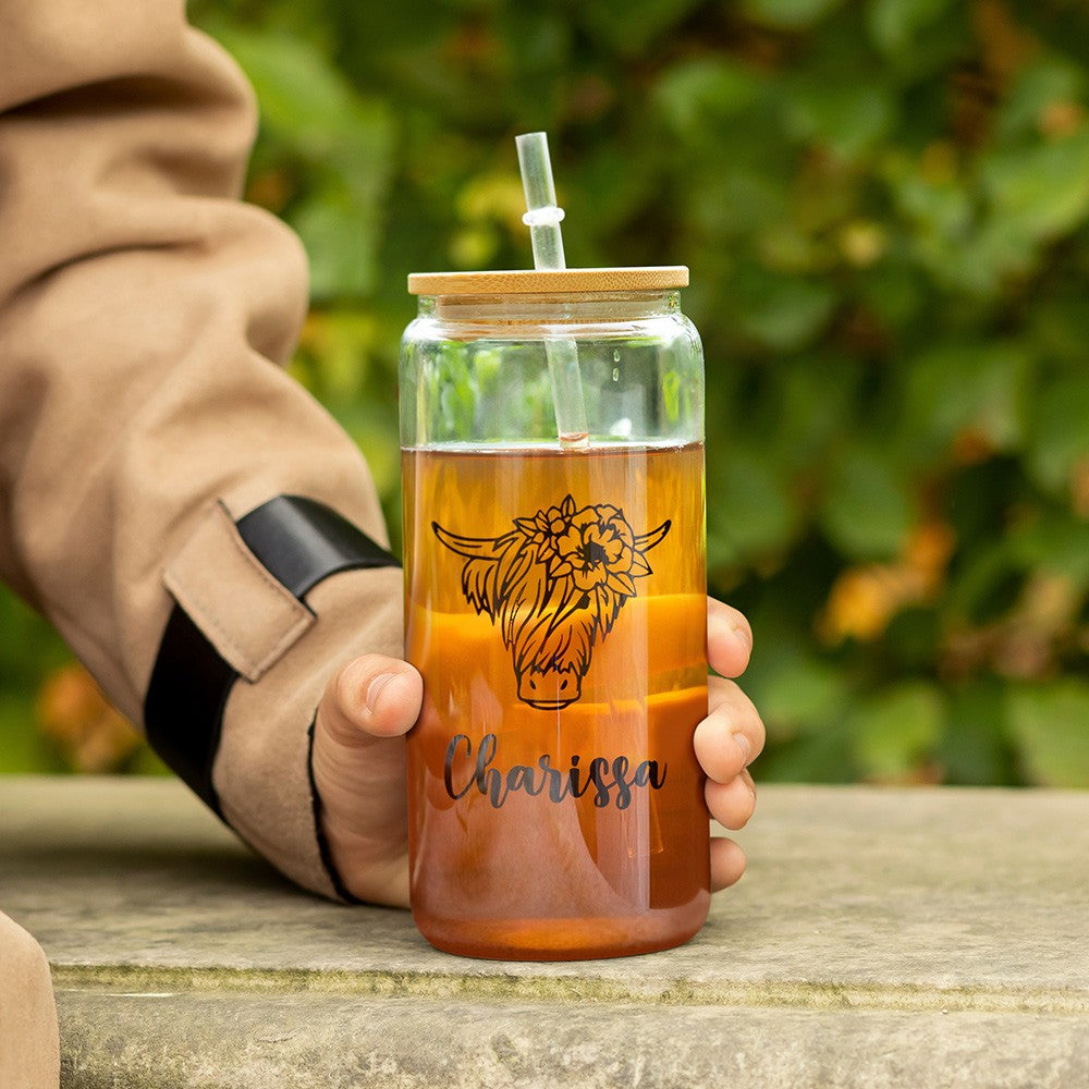 Custom Name Highland Cow Mug, 12/16/20oz Glass Cup Tumbler with Straw & Bamboo Lid, Drink Coffee Mug, Birthday/Christmas Gift for Pet Lover/Owner