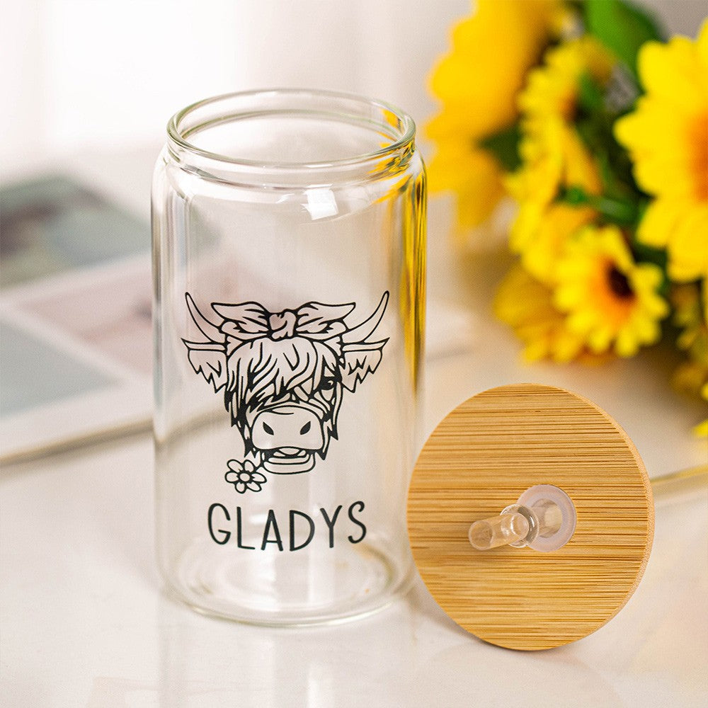 Custom Name Highland Cow Mug, 12/16/20oz Glass Cup Tumbler with Straw & Bamboo Lid, Drink Coffee Mug, Birthday/Christmas Gift for Pet Lover/Owner
