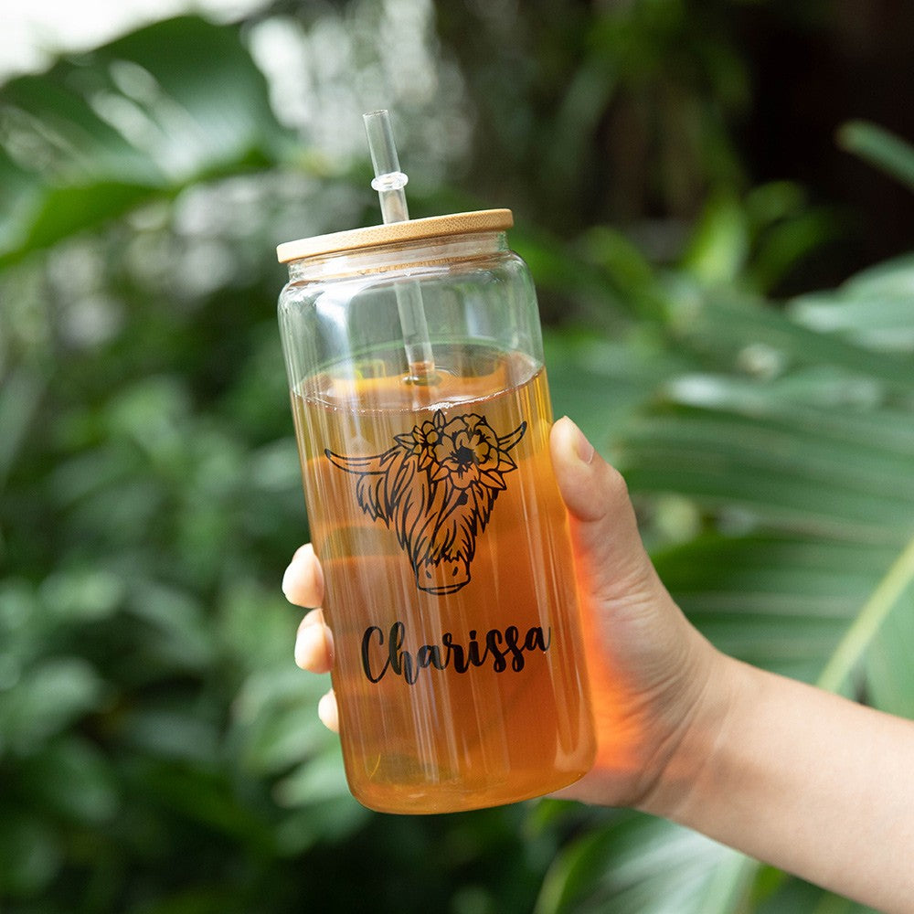 Custom Name Highland Cow Mug, 12/16/20oz Glass Cup Tumbler with Straw & Bamboo Lid, Drink Coffee Mug, Birthday/Christmas Gift for Pet Lover/Owner