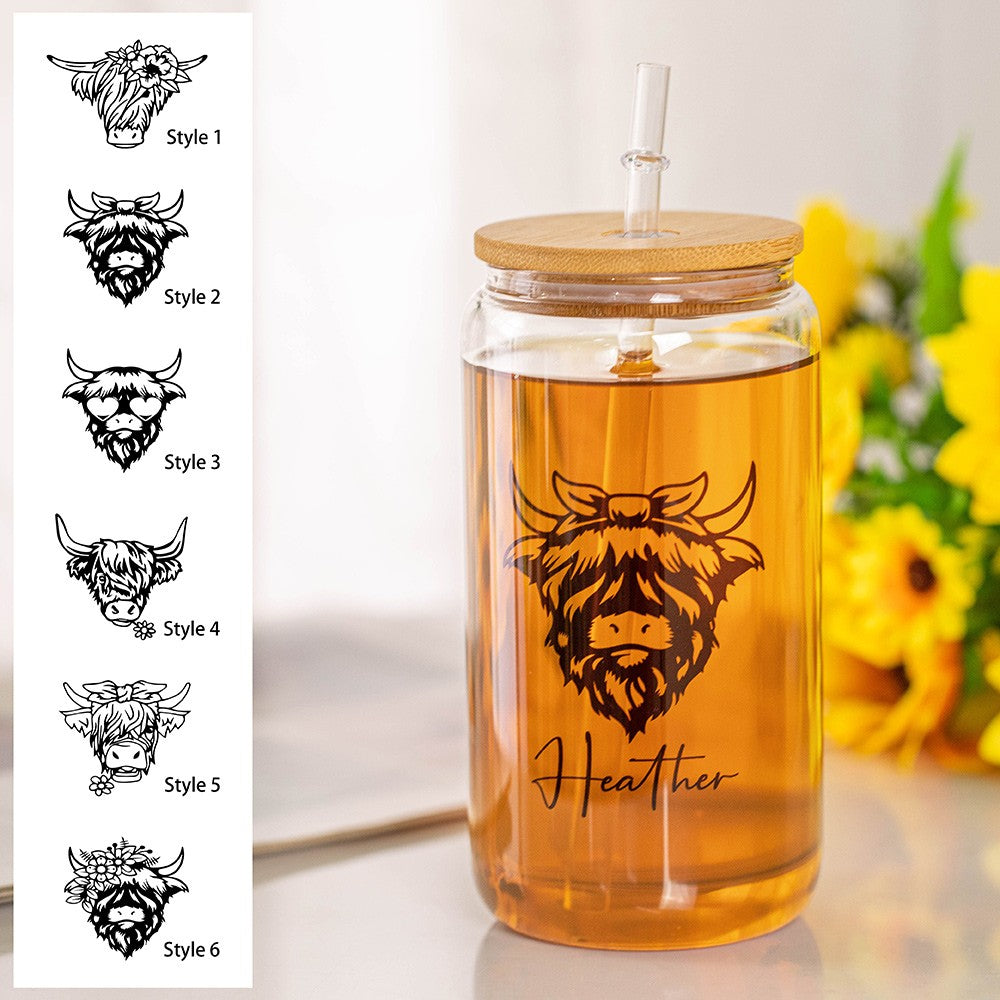 Custom Name Highland Cow Mug, 12/16/20oz Glass Cup Tumbler with Straw & Bamboo Lid, Drink Coffee Mug, Birthday/Christmas Gift for Pet Lover/Owner