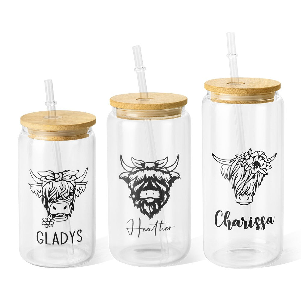 Custom Name Highland Cow Mug, 12/16/20oz Glass Cup Tumbler with Straw & Bamboo Lid, Drink Coffee Mug, Birthday/Christmas Gift for Pet Lover/Owner