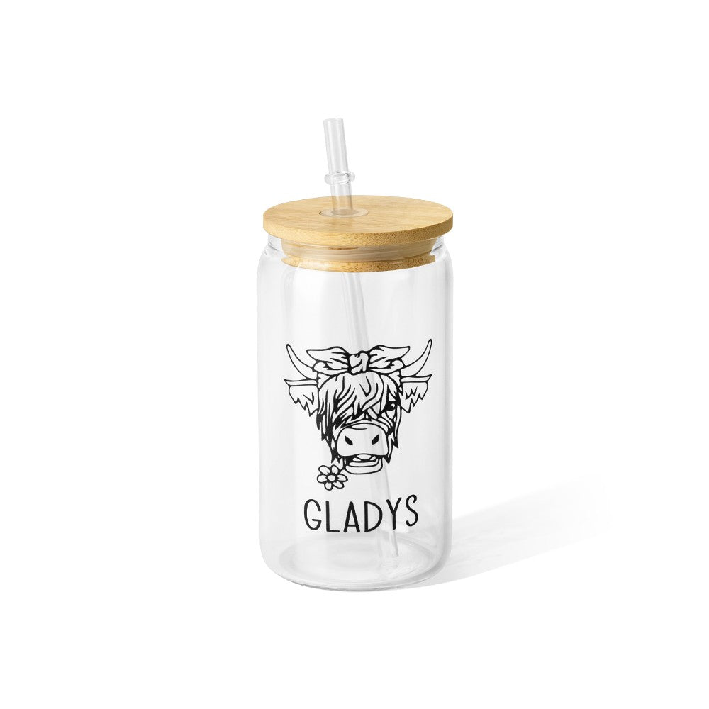 Custom Name Highland Cow Mug, 12/16/20oz Glass Cup Tumbler with Straw & Bamboo Lid, Drink Coffee Mug, Birthday/Christmas Gift for Pet Lover/Owner