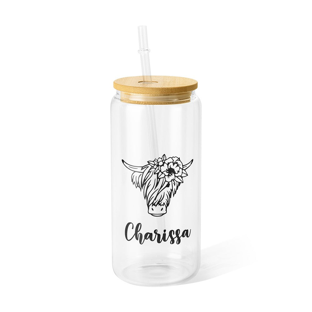 Custom Name Highland Cow Mug, 12/16/20oz Glass Cup Tumbler with Straw & Bamboo Lid, Drink Coffee Mug, Birthday/Christmas Gift for Pet Lover/Owner