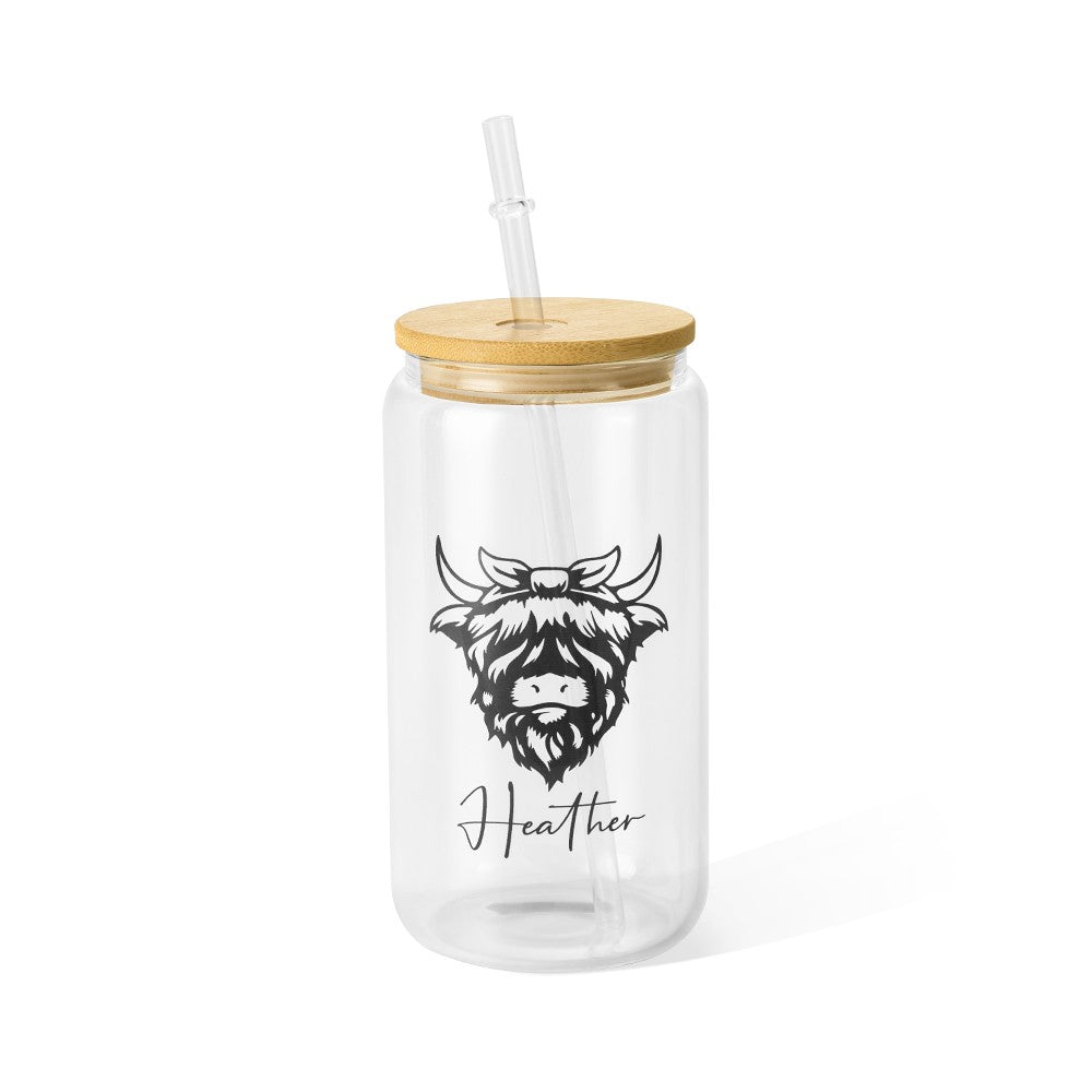 Custom Name Highland Cow Mug, 12/16/20oz Glass Cup Tumbler with Straw & Bamboo Lid, Drink Coffee Mug, Birthday/Christmas Gift for Pet Lover/Owner