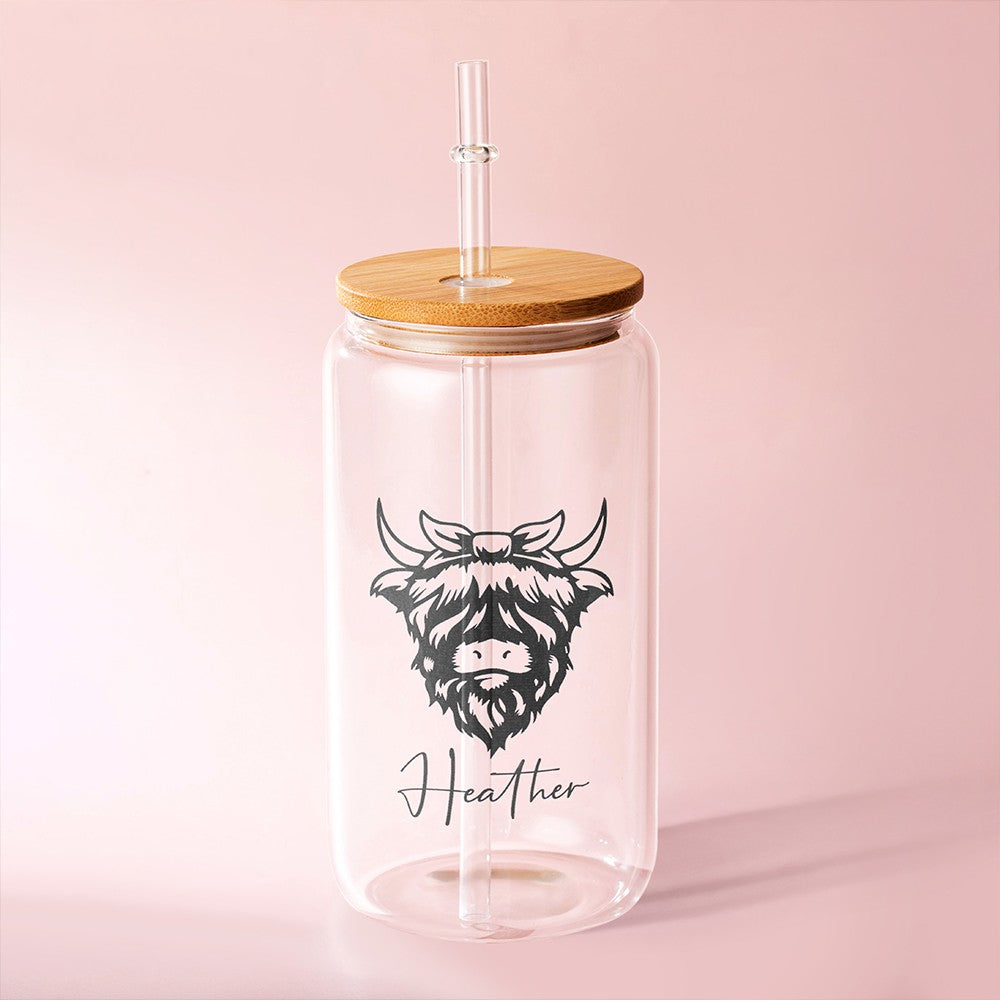 Custom Name Highland Cow Mug, 12/16/20oz Glass Cup Tumbler with Straw & Bamboo Lid, Drink Coffee Mug, Birthday/Christmas Gift for Pet Lover/Owner