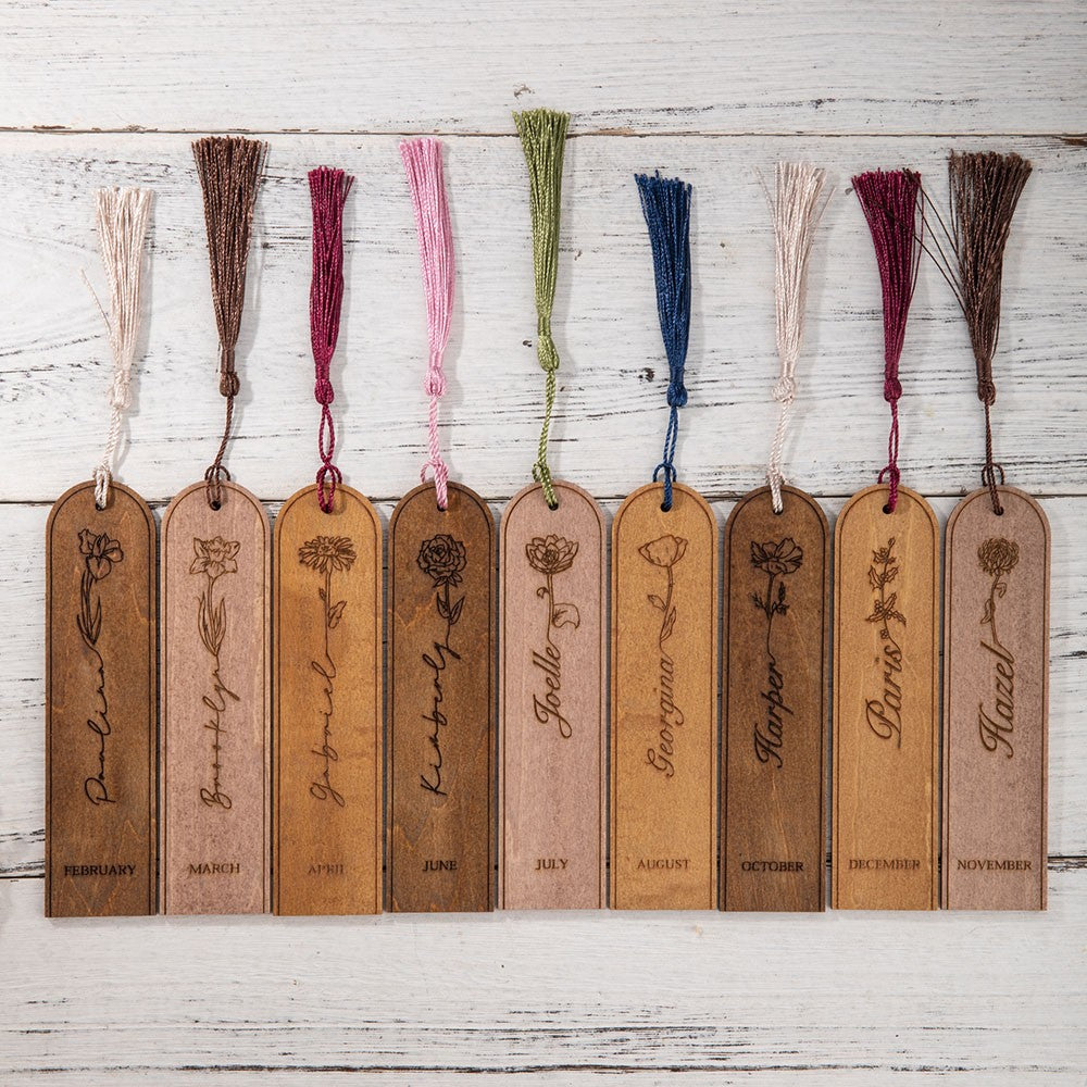 Custom Name Birth Flower Bookmark with Tassel, Personalized Wooden Floral Engraved Bookmark, Mother's Day/Christmas Gift for Mom/Grandma/Women