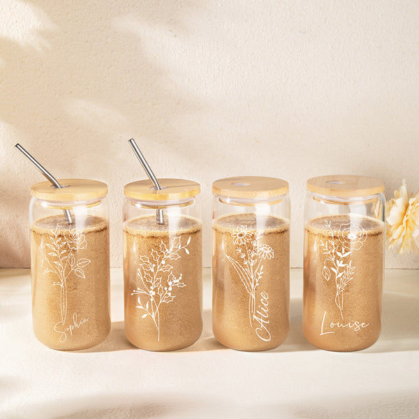 Personalized Birth Flower Iced Coffee Cup, Custom Name Glass, Tumbler with Lid and Straw, Bridesmaid Proposal Box Idea, Wedding Favor, Gift for Her
