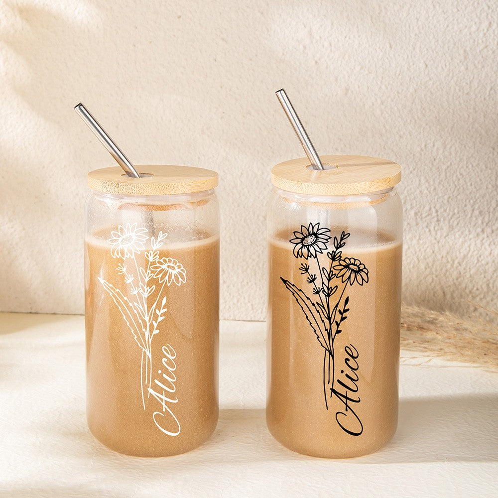 Personalized Birth Flower Iced Coffee Cup, Custom Name Glass, Tumbler with Lid and Straw, Bridesmaid Proposal Box Idea, Wedding Favor, Gift for Her
