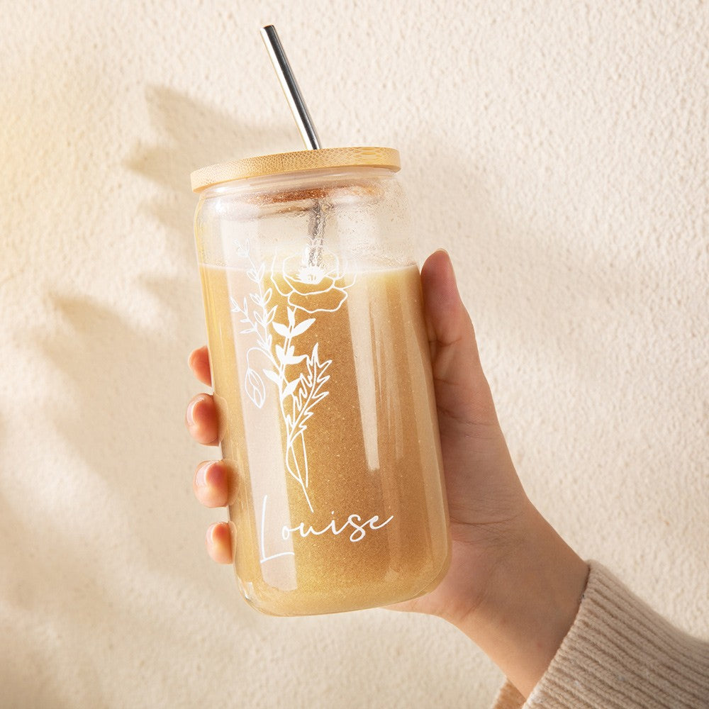 Personalized Birth Flower Iced Coffee Cup, Custom Name Glass, Tumbler with Lid and Straw, Bridesmaid Proposal Box Idea, Wedding Favor, Gift for Her