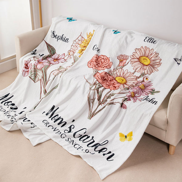 Personalized Mom's Garden Blanket with Name & Birth Flower, Floral Garden Blanket, Birthday/Mother's Day Gift for Mom/Grandma from Kids/Grandkids