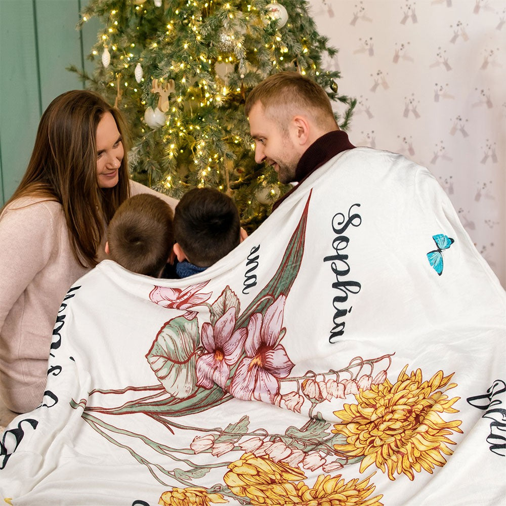 Personalized Mom's Garden Blanket with Name & Birth Flower, Floral Garden Blanket, Birthday/Mother's Day Gift for Mom/Grandma from Kids/Grandkids