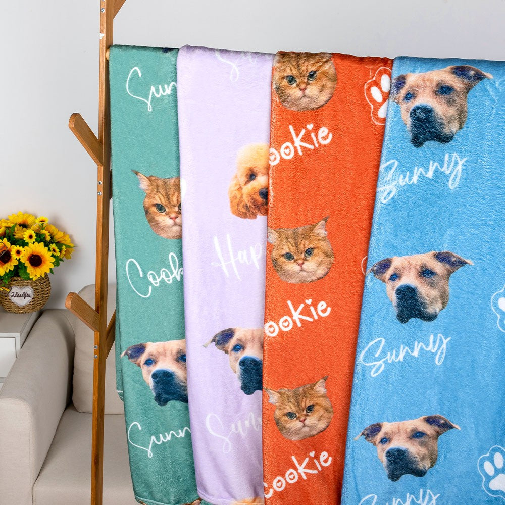 Custom Pet Photo & Name Blanket, Cozy Flannel Blanket with Multicolor Colors, Dog Face Blanket, Pet Memorial Blanket, Pet Gift for Pet Lover/Dog Mom