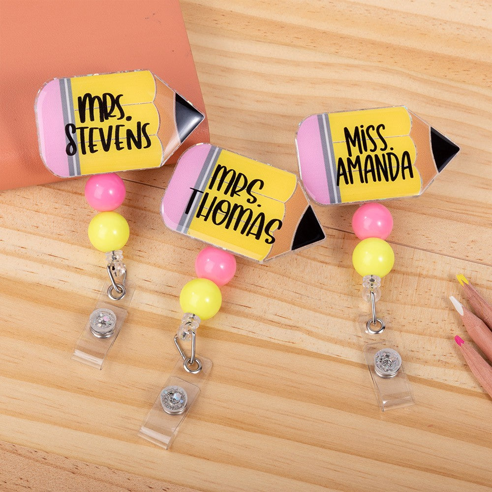 Custom Pencil Glitter Badge Reel, Teacher Badge Reel with Name, Acrylic ID Holder, Back to School Gifts, Teacher Appreciation Gifts, Gifts for Teacher