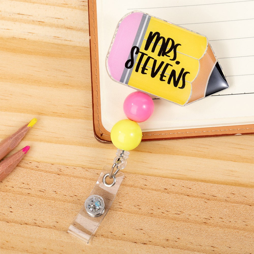 Custom Pencil Glitter Badge Reel, Teacher Badge Reel with Name, Acrylic ID Holder, Back to School Gifts, Teacher Appreciation Gifts, Gifts for Teacher