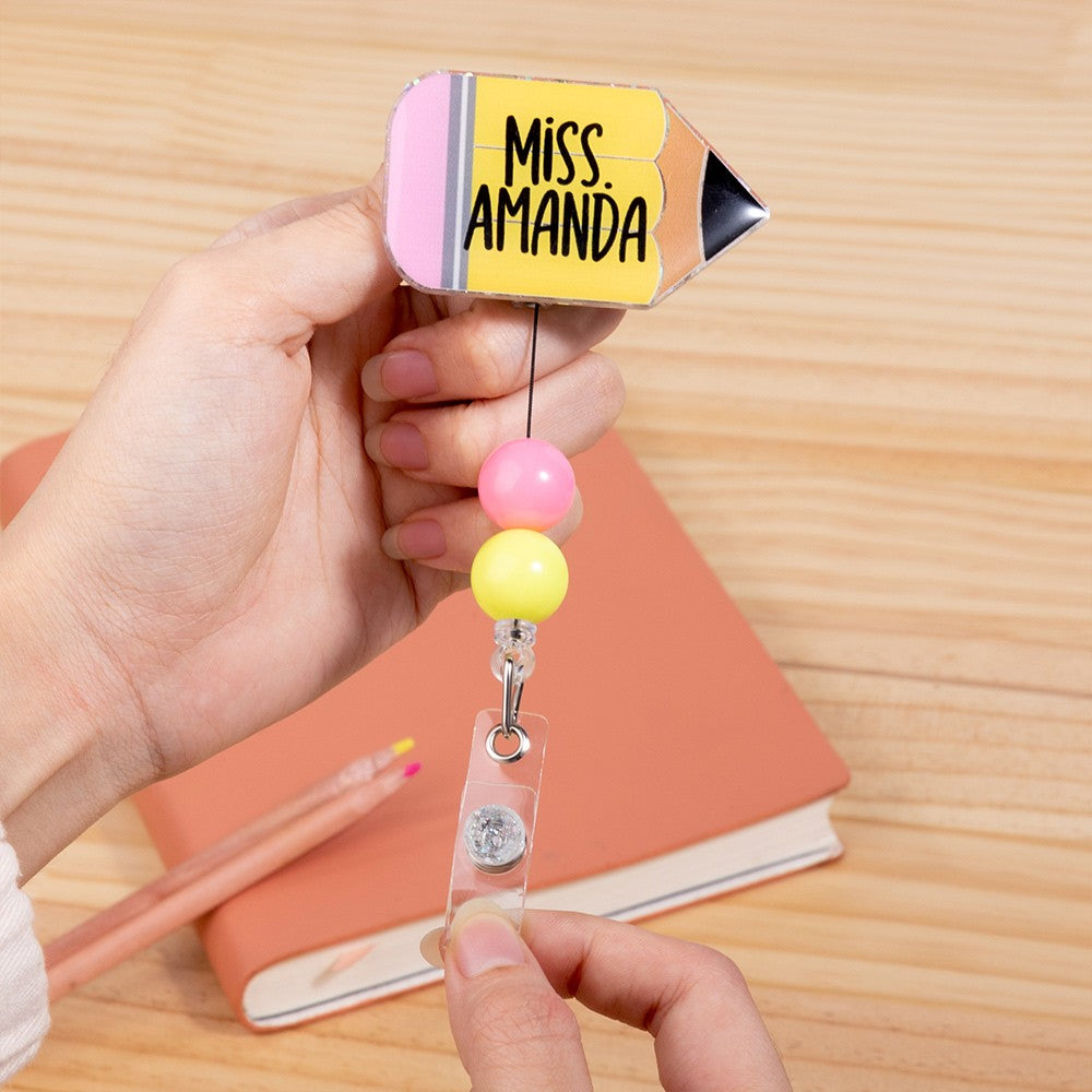 Custom Pencil Glitter Badge Reel, Teacher Badge Reel with Name, Acrylic ID Holder, Back to School Gifts, Teacher Appreciation Gifts, Gifts for Teacher