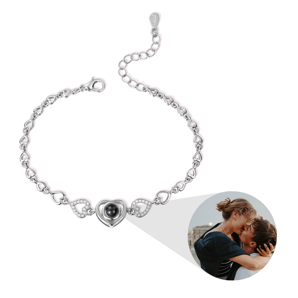 Sterling Silver 925 Bracelet/ Custom Heart Photo Projection Bracelet, I Love You in 100 Languages, Dainty Memorial Picture Inside Bracelet, Birthday Valentine's Day Gift for Her