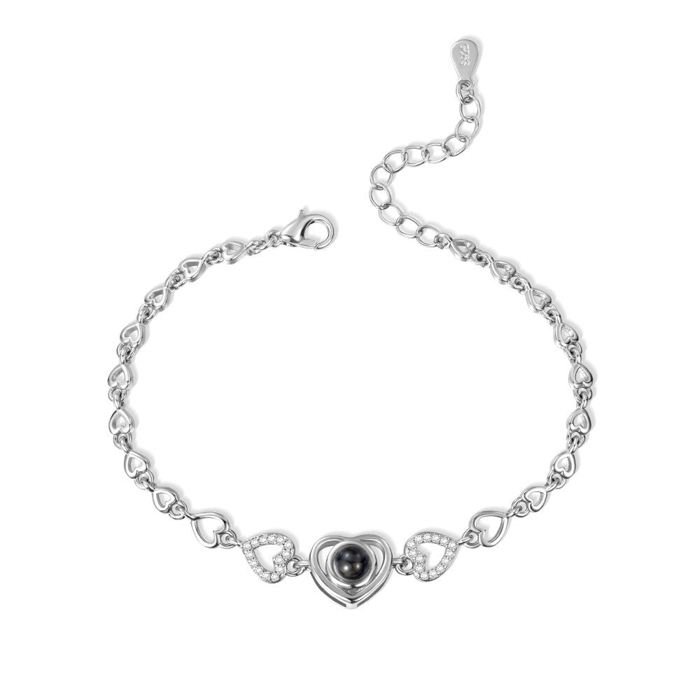 Sterling Silver 925 Bracelet/ Custom Heart Photo Projection Bracelet, I Love You in 100 Languages, Dainty Memorial Picture Inside Bracelet, Birthday Valentine's Day Gift for Her