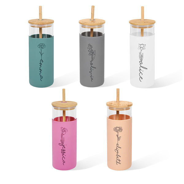 Custom Name Birth Flower Glass Cup, Floral Silicone Sleeved Tumbler with Lid & Straw, Wedding Favor, Bridesmaid/Birthday/Anniversary Gift for Her
