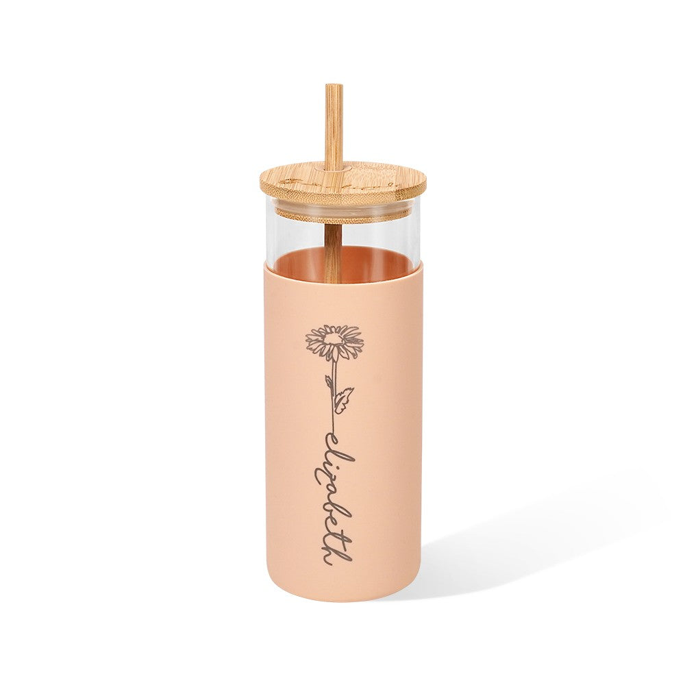 Custom Name Birth Flower Glass Cup, Floral Silicone Sleeved Tumbler with Lid & Straw, Wedding Favor, Bridesmaid/Birthday/Anniversary Gift for Her
