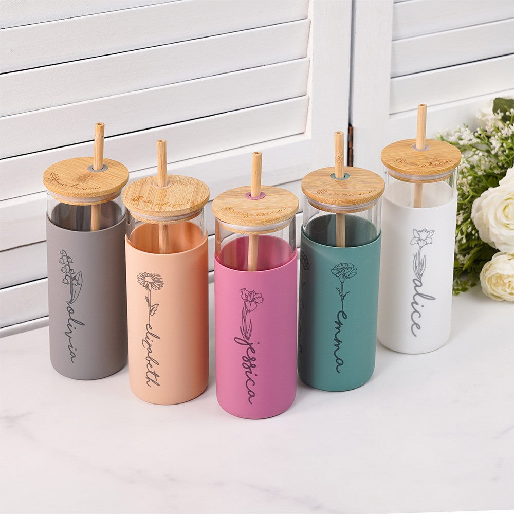 Custom Name Birth Flower Glass Cup, Floral Silicone Sleeved Tumbler with Lid & Straw, Wedding Favor, Bridesmaid/Birthday/Anniversary Gift for Her
