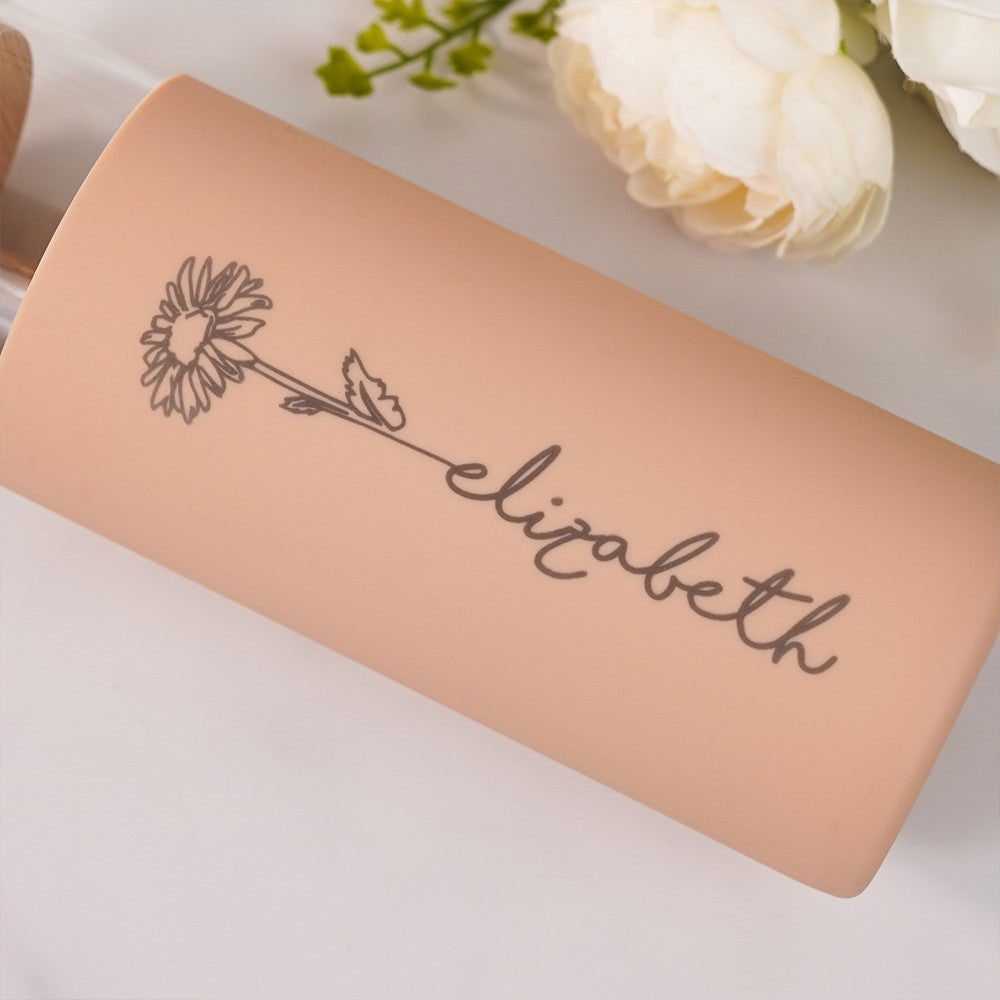 Custom Name Birth Flower Glass Cup, Floral Silicone Sleeved Tumbler with Lid & Straw, Wedding Favor, Bridesmaid/Birthday/Anniversary Gift for Her