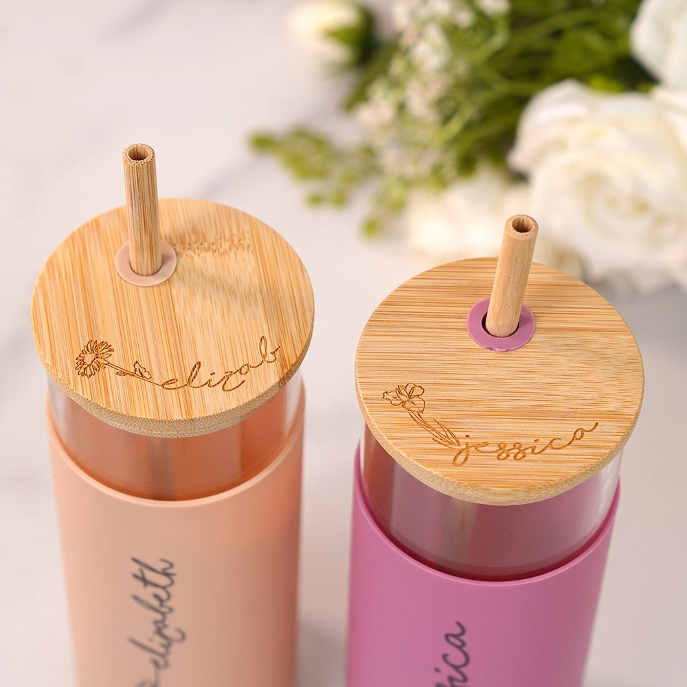 Custom Name Birth Flower Glass Cup, Floral Silicone Sleeved Tumbler with Lid & Straw, Wedding Favor, Bridesmaid/Birthday/Anniversary Gift for Her