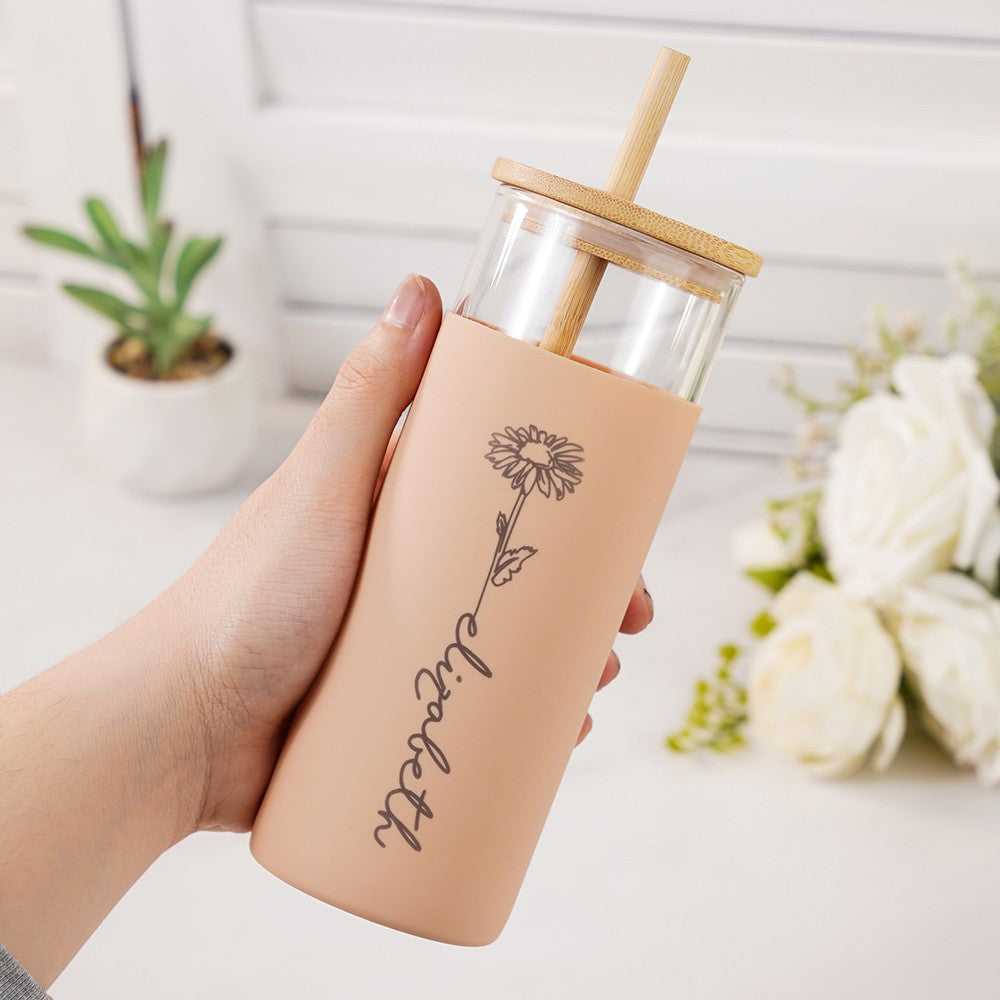Custom Name Birth Flower Glass Cup, Floral Silicone Sleeved Tumbler with Lid & Straw, Wedding Favor, Bridesmaid/Birthday/Anniversary Gift for Her