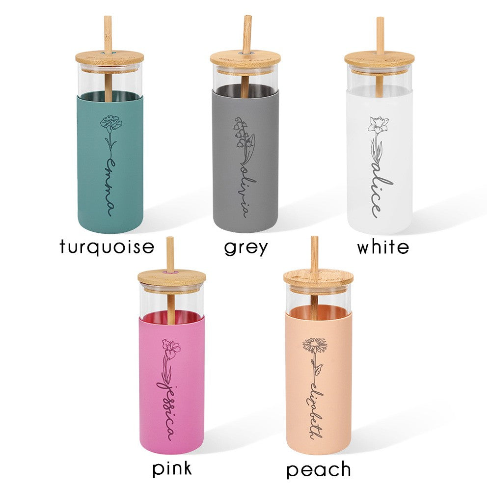 Custom Name Birth Flower Glass Cup, Floral Silicone Sleeved Tumbler with Lid & Straw, Wedding Favor, Bridesmaid/Birthday/Anniversary Gift for Her